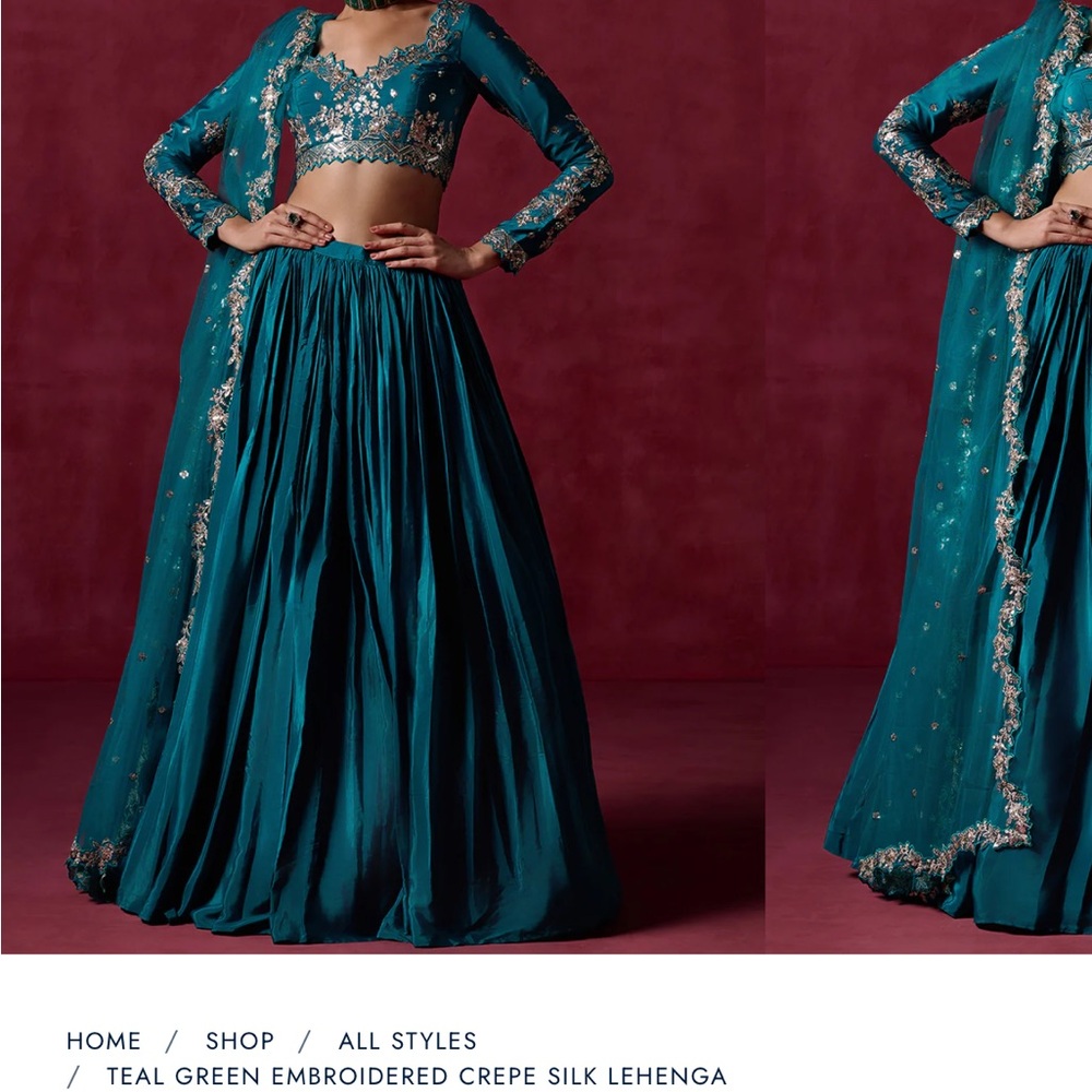 Teal Green Embroidered Crepe Silk Lehenga